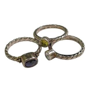 LORI BONN Sterling Silver Twisted Rope Faceted Gem 3 Stacking Ring Set Sz 7.75-8